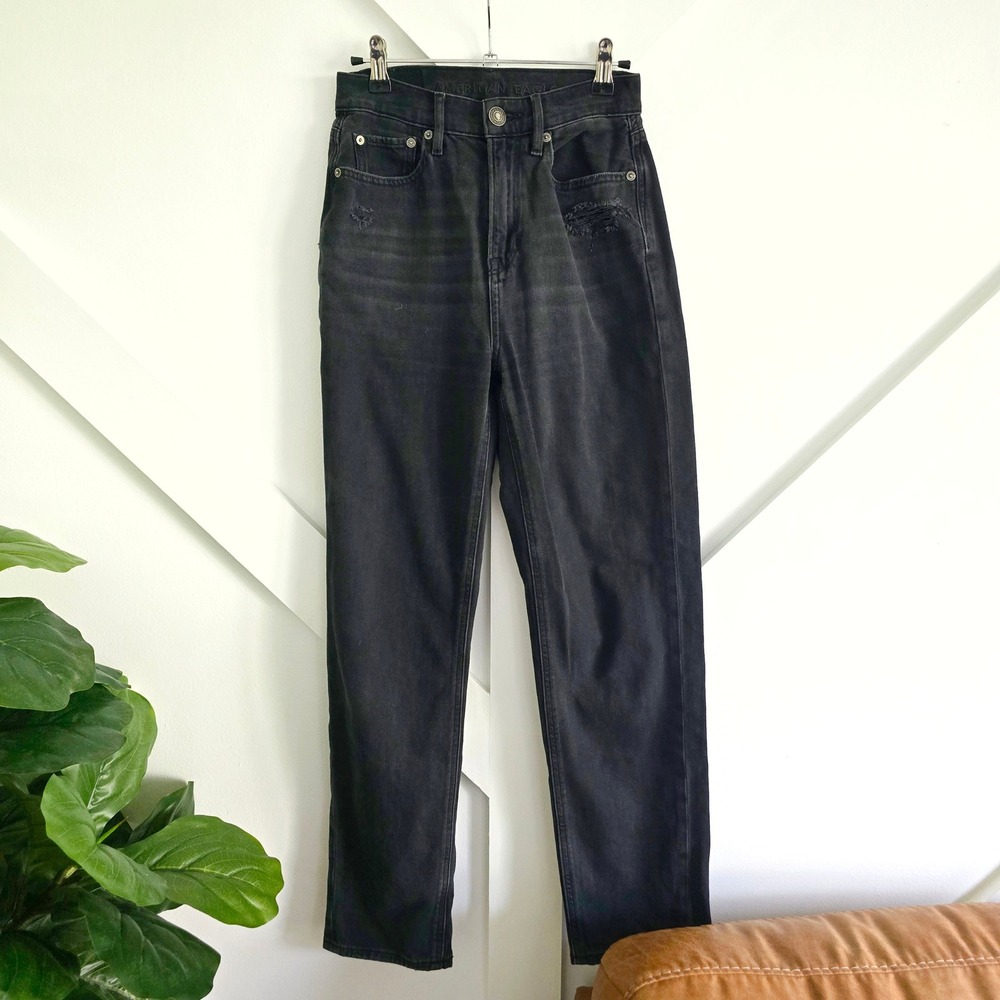 American Eagle Jeans Women 0 Black Highest Rise 90s Boyfriend Distressed Faded